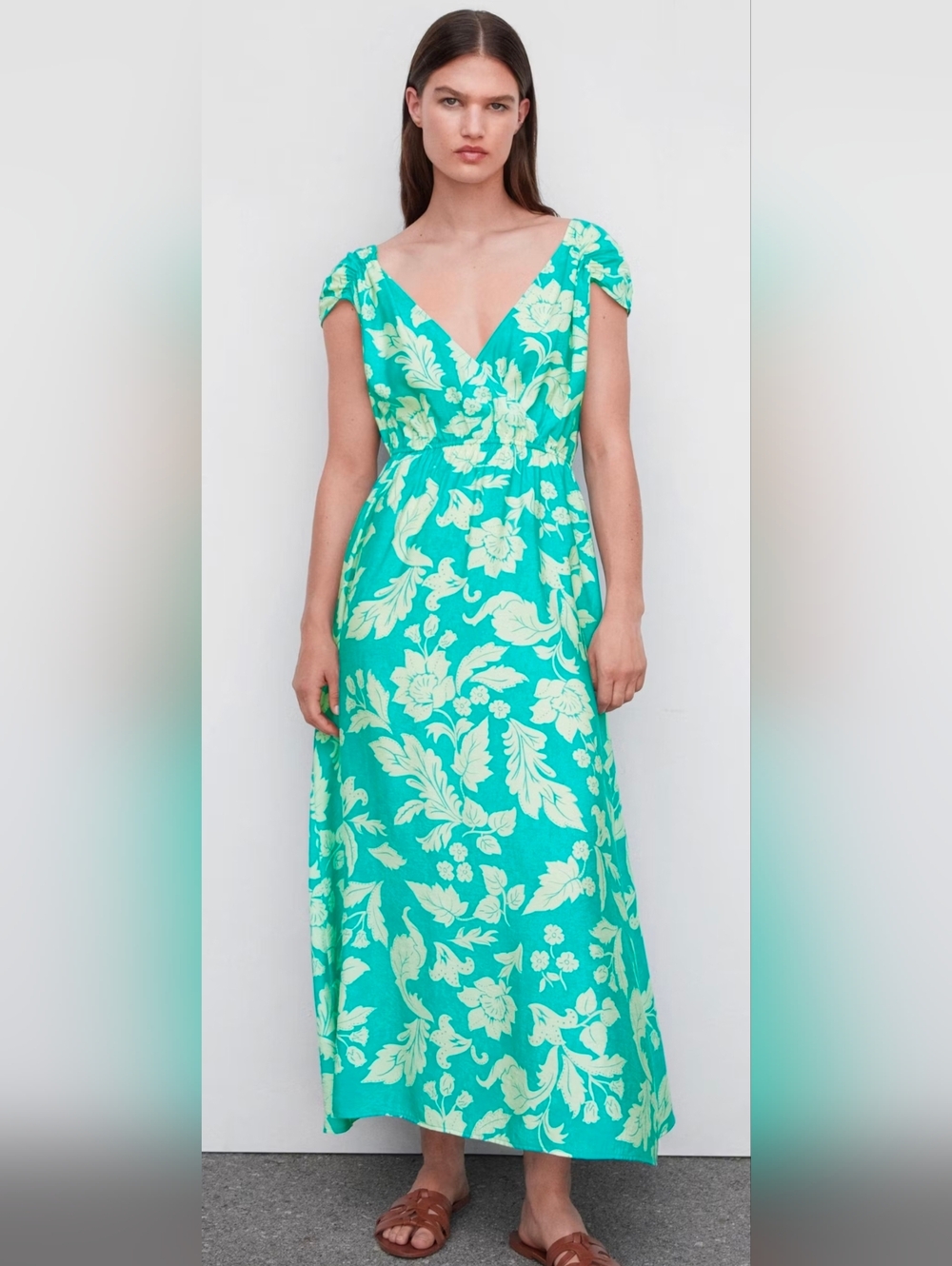 Mango Turquoise Floral Maxi Dress with Light Green Print Size 12